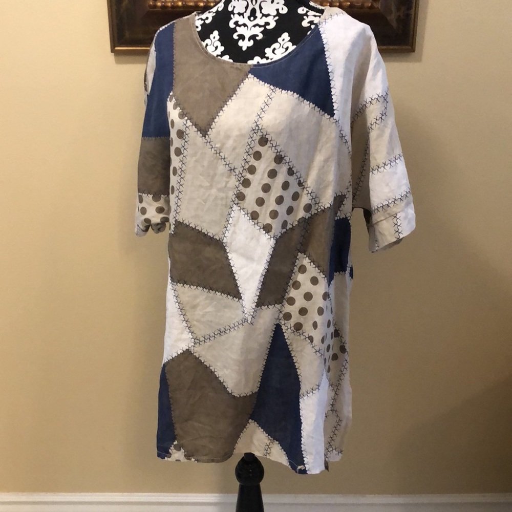 🇮🇹 Made In Italy Boho Patchwork Print tunic top in Blue-brown-tan-white